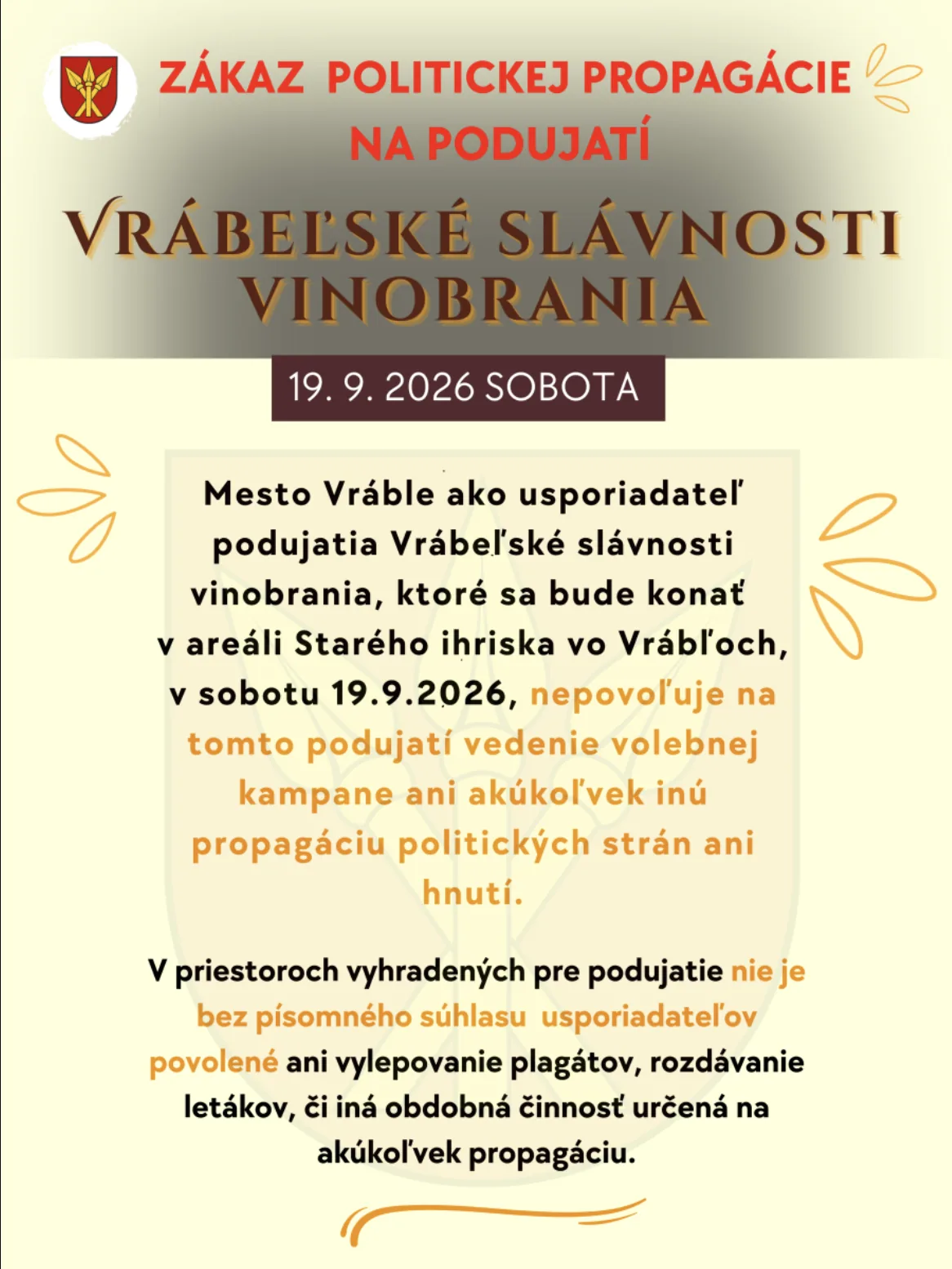 Oznam mesta Vráble: Zákaz politickej propagácie na podujatí Vrábeľské slávnosti vinobrania, 19. 9. 2026